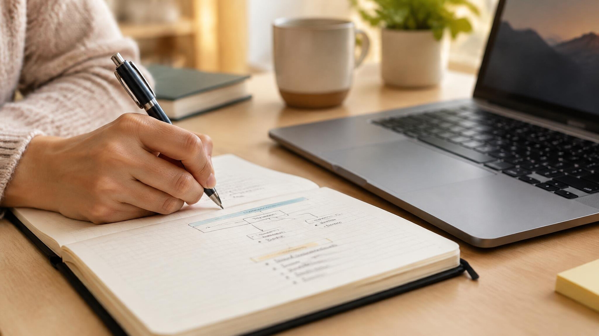 Hand writing notes in a notebook next to a laptop
