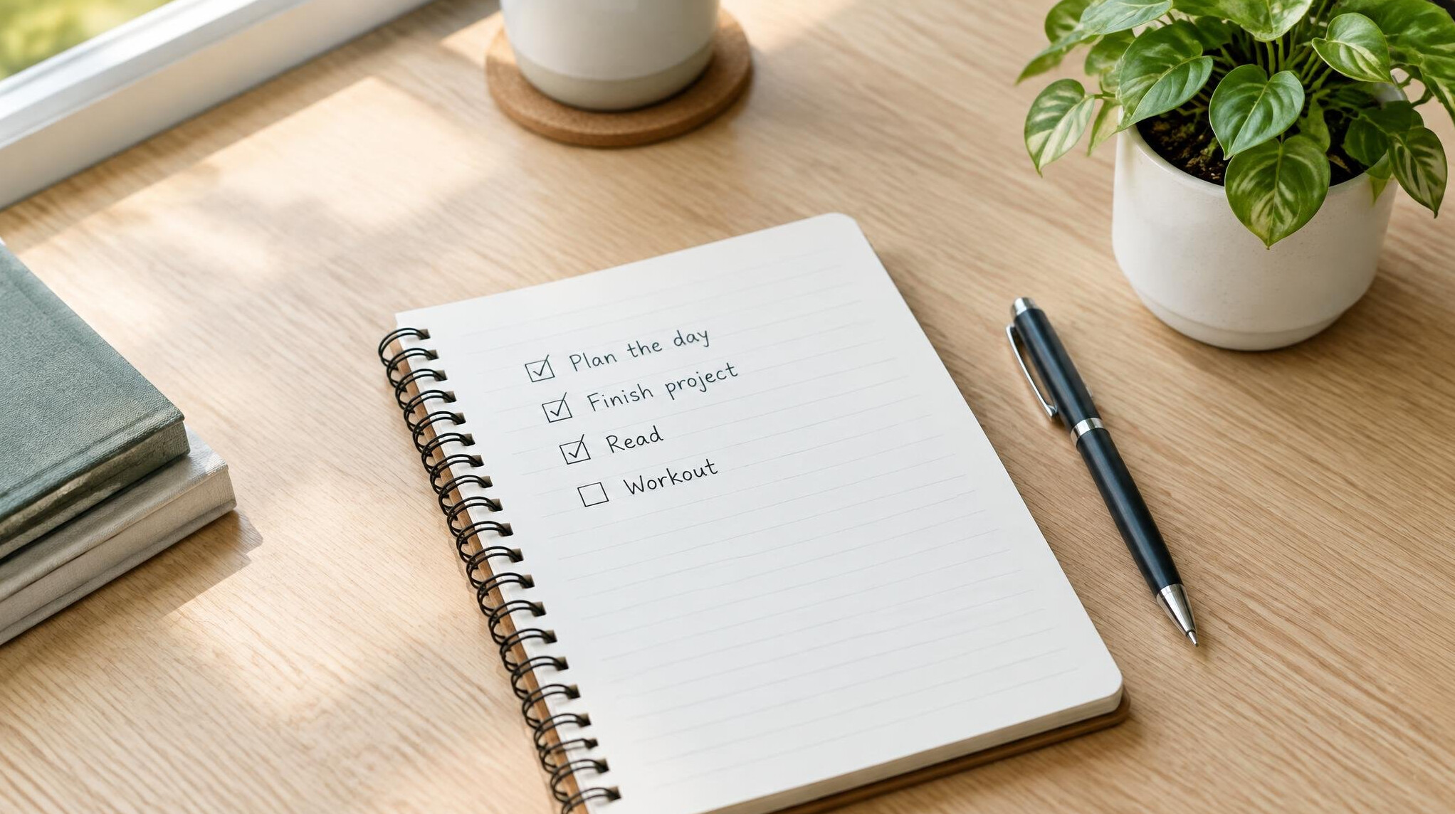 Notebook, pen and checklist on a desk