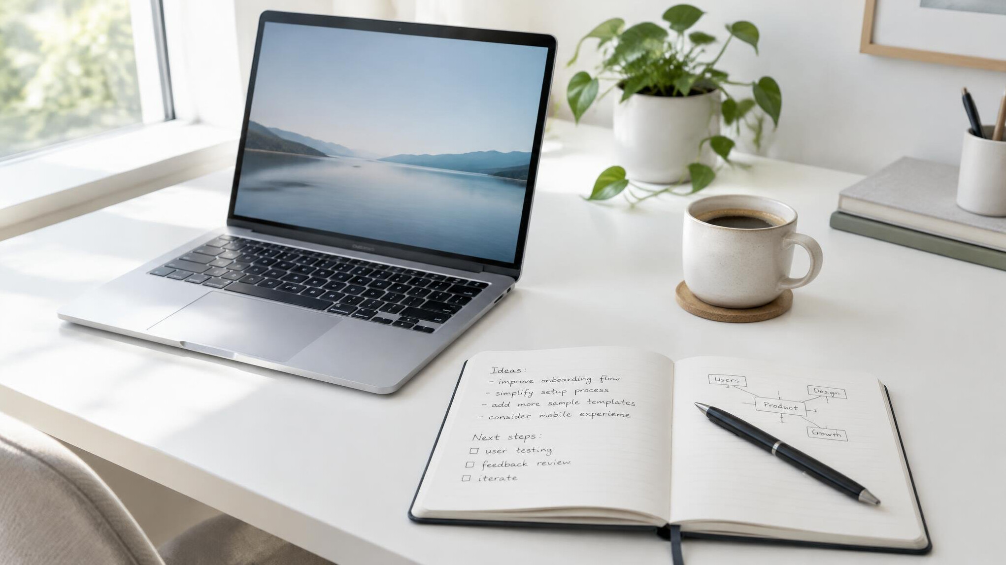 Laptop, notebook and coffee on a bright workspace desk