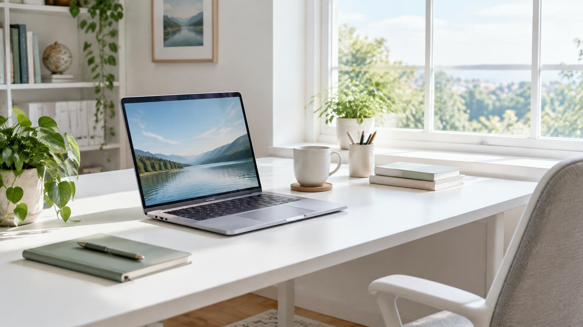 Bright home office desk with laptop and window light