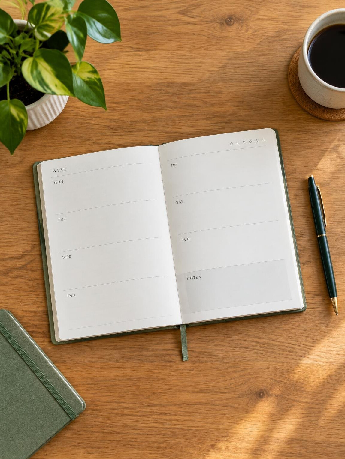 Desk with an open planner, pen and notebook in warm daylight